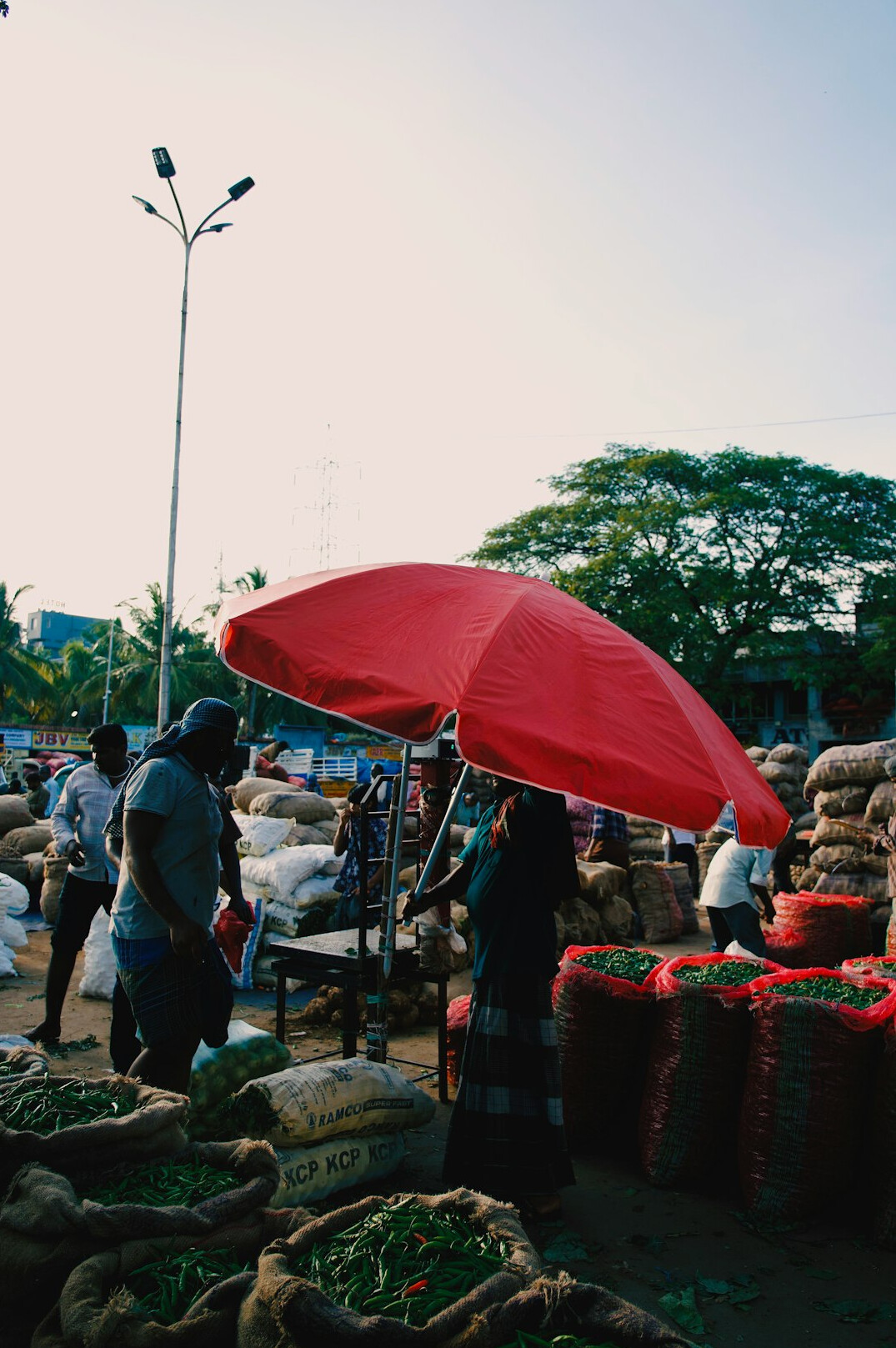Vendors and shoppers at an outdoor produce market